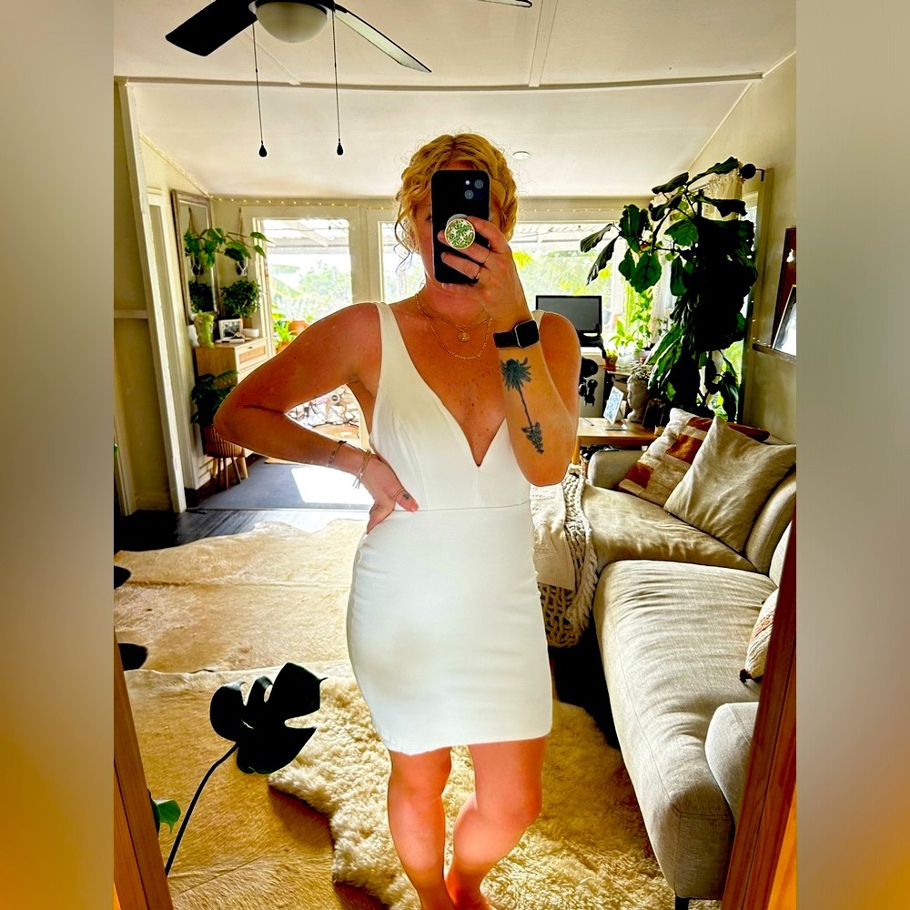Bodycon White Plunge Neckline Dress